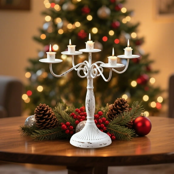 Nrmrqz Vintage 5-Arm Iron Candelabra | Gold & White Taper Candle Holder | Dining Table Centerpiece | Romantic Dinner Decor | Home Decoration Prop