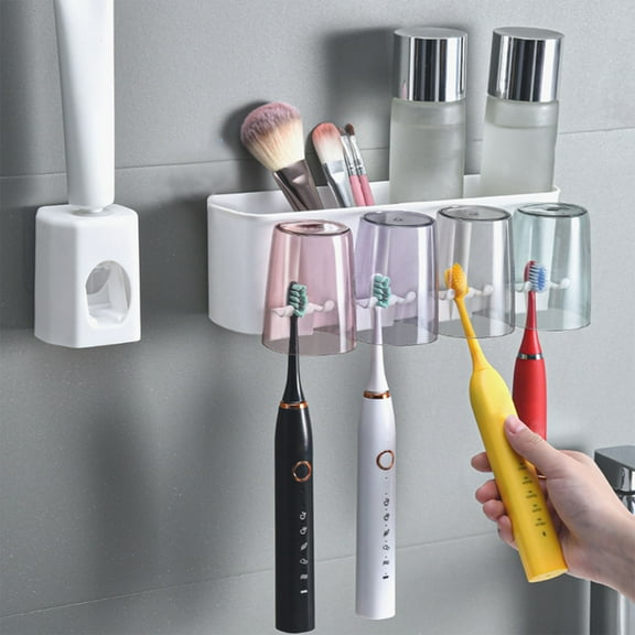 Nrmrqz Wall-Mounted Toothbrush Holder with Toothpaste Dispenser - No Drill Adhesive Mount,8 Toothbrush Slots & 4 Cup Holders,White Plastic Bathroom Organizer for Razors & Necessaries