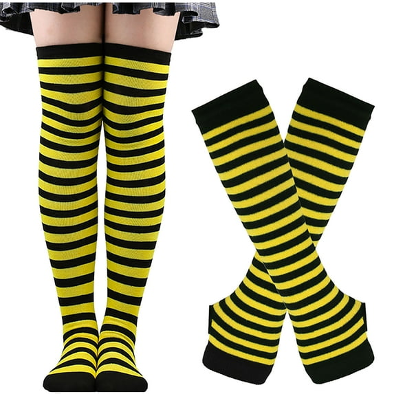 Nrmvnmi 1 Set Glove Stripe Stockings Womens Girls Over Knee High Socks Leg Arm Warmer Fingerless Gloves Set Tube Clothes Warm Gloves Socks 2024 Fall Winter Fashion Gloves Sets