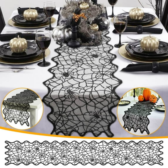 Nrmvnmi 14"x72" Halloween Table Runner, Black Lace Spider Web Table Runners for Halloween Table Decor, Creepy Table Cloth for Halloween Party Dinner Table Decoration