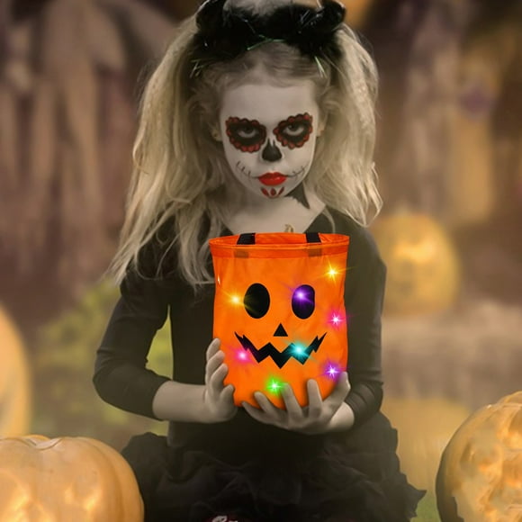 Nrmvnmi 1PC Light LED up Halloween Trick or Treat Bucket Pumpkin Candy Large Bags Collapsible Ghost Multipurpose Reusable Halloween Basket for Kids Halloween Birthday Party Goodie Goody