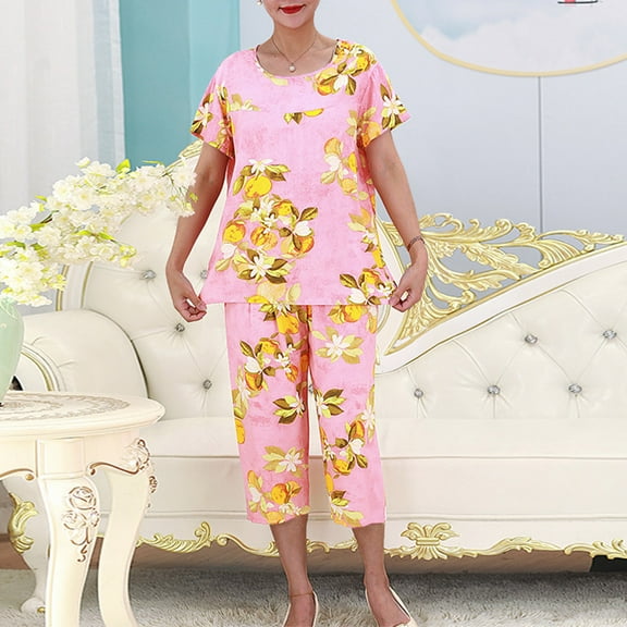 Nrmvnmi 2 Pcs Silk Pajamas for Women 2024 Fashion Pajama Short Floral Tunic Top Sleepwear Soft Pj Capris Lounge Sets Pjs Shorts Set