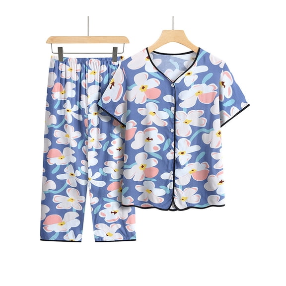 Nrmvnmi 2 Pcs Silk Pajamas for Women 2024 Fashion Pajama Short Floral Tunic Top Sleepwear Soft Pj Capris Lounge Sets Pjs Shorts Set