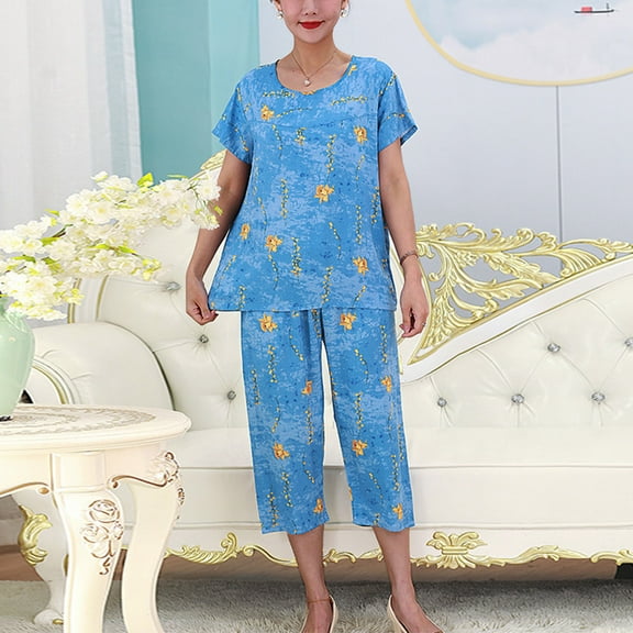 Nrmvnmi 2 Pcs Silk Pajamas for Women 2024 Fashion Pajama Short Floral Tunic Top Sleepwear Soft Pj Capris Lounge Sets Pjs Shorts Set