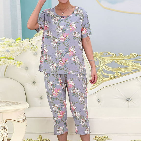 Nrmvnmi 2 Pcs Silk Pajamas for Women 2024 Fashion Pajama Short Floral Tunic Top Sleepwear Soft Pj Capris Lounge Sets Pjs Shorts Set