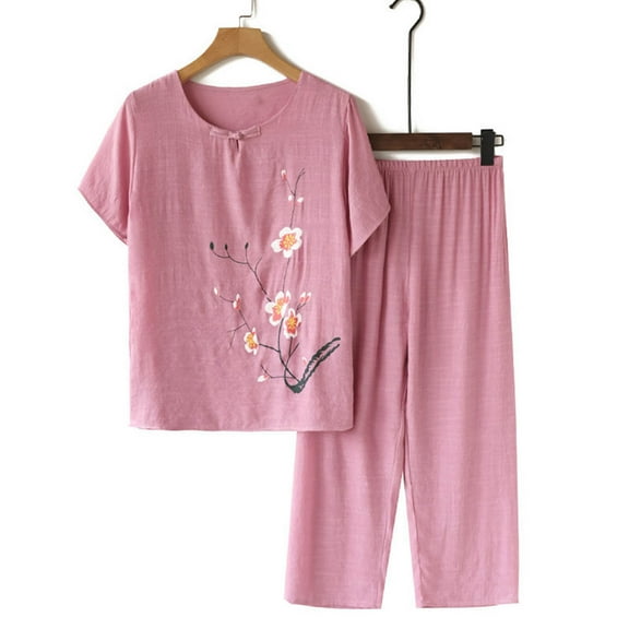 Nrmvnmi 2 Pcs Silk Pajamas for Women 2024 Fashion Pajama Short Floral Tunic Top Sleepwear Soft Pj Capris Lounge Sets Pjs Shorts Set