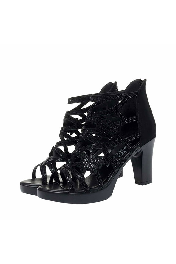 Summer Heels for Women Open Toe Booties Hollow Out High Heel Chunky Block Sandals Black Mothers Day Gifts