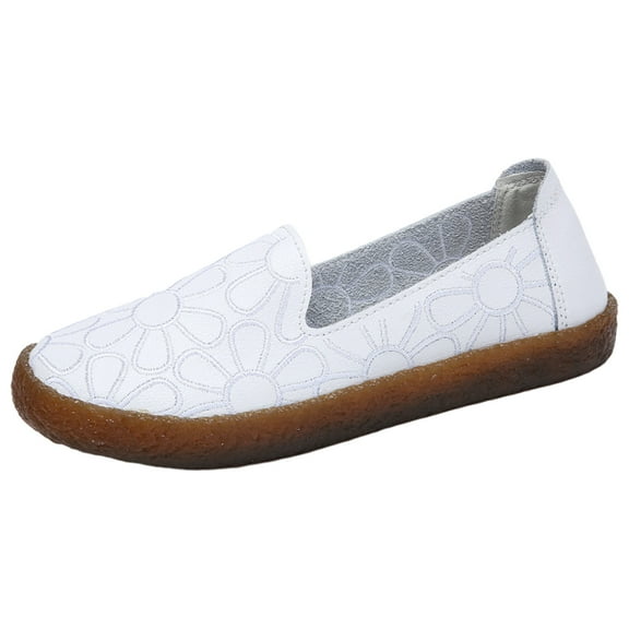 Nrmvnmi 2024 Women's Loafer Flat Closed Toe Embroidered Ladies Trendy Solid Color Leather Embroidered Flower Shallow Round Toe Flat Casual Shoes Casual Shoes for Office White Mothers Day Gifts