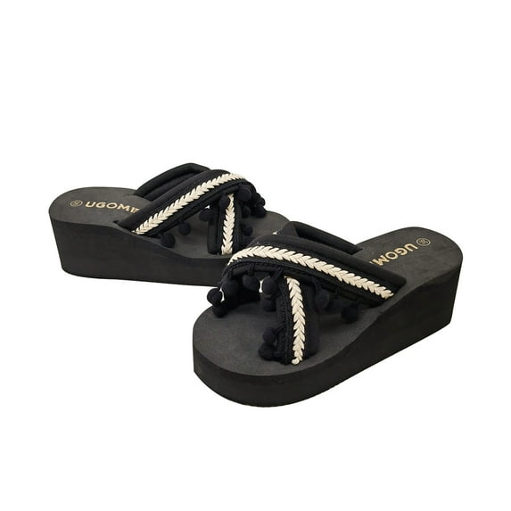 Nrmvnmi 2024 Women's Slippers Open Toe Trendy Beach Shoes Wedge Heels Thick Soles Flip-Flops Summer Comfortable Shoe Black Mothers Day Gifts