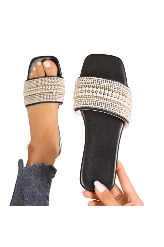 Women's Slippers Summer Open Toe Rhinestone Flat-Bottom Large Beaded Flip-Flops Light Beach Slippers Black Mothers Day Gifts