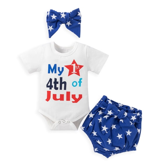 Nrmvnmi 4th of July Baby Girls Outfit Short Sleeve Round Neck Romper   Stars Print Shorts   Headband 3 Pcs Cotton Set Summer Independence Day Outfit For 0-12 Months