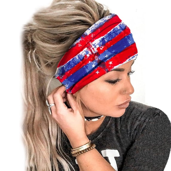 Nrmvnmi 4th of July Headbands for Women Knotted Headband Elastic Head Bands Women's Hair Band Non-Slip Independence Day Printed Stylish Sport Sweat Hair Wrap for Girls Cute Hair Accessories