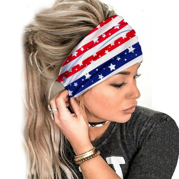Nrmvnmi 4th of July Headbands for Women Knotted Headband Elastic Head Bands Women's Hair Band Non-Slip Independence Day Printed Stylish Sport Sweat Hair Wrap for Girls Cute Hair Accessories