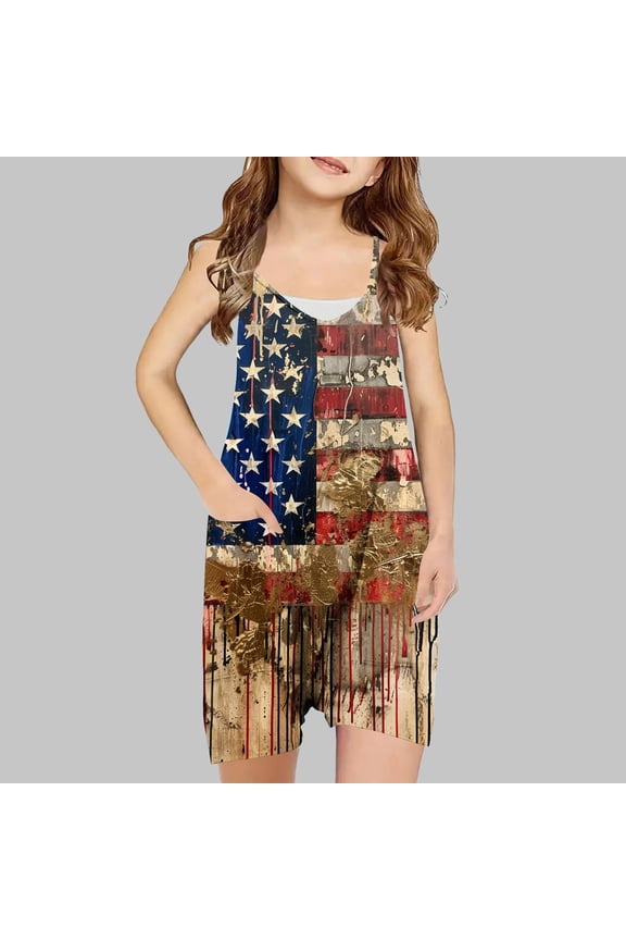4th of July Romper For Girls Sleeveless Suspender American Flag Star Stripe Overall Shorts With Pockets For 5-13 Years