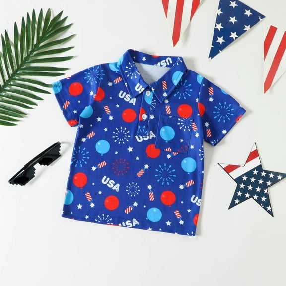 Nrmvnmi 4th of July Toddler Baby Boys Cotton T-shirt Short Sleeve Independence Day Button Top Summer Clothes For 1-6 Years Old