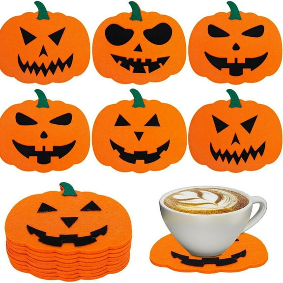 Nrmvnmi 6PC Felt Pumpkin Coasters Halloween Drink Coasters Orange Black Non-Slip Heat Resistant Cup Mats for Halloween Home Kitchen Office Housewarming Party Table Decoration Supplies