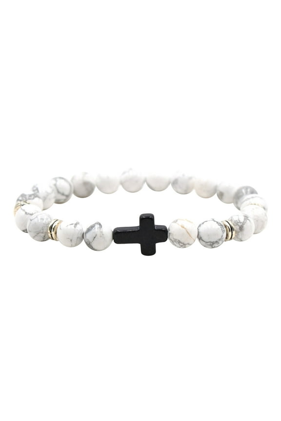 8mm Beads Cross Bracelet for Women Men Natural Stone Elastic Link Prayer Bracelet for Women,with Gift Box
