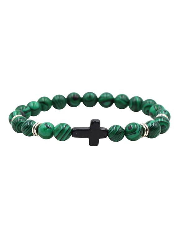 8mm Beads Cross Bracelet for Women Men Natural Stone Elastic Link Prayer Bracelet for Women,with Gift Box