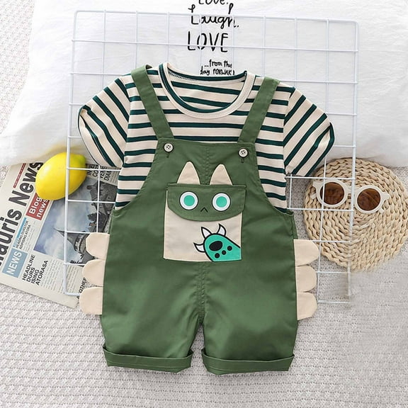 Nrmvnmi Baby Boy Clothes Suit Toddler Boys' Horizontal Striped Crew Neck Short Sleeve T-Shirt Cute Graphic Print Oeralls Shorts Fashion Outfits Sets With Pocket