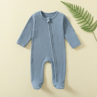 Nrmvnmi Baby Boy Girl Crawling Romper Solid Color Round Neck Cotton Onesie Jumpsuit Double Zipper Half Sleeve Sleep and Play Blue-12 Months