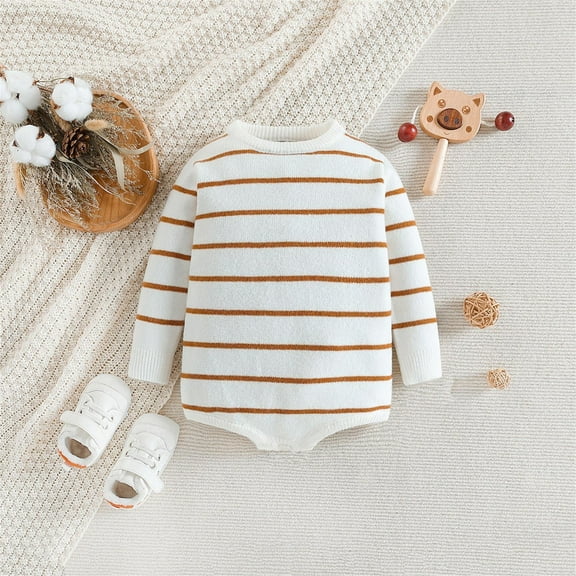 Nrmvnmi Baby Boy Girl Stripe Sweatshirt Jumpsuit Rompers Oversized Long Sleeve Bubble Button Elasticity Romper Top Neutral Baby Fall Clothes Knitted Sweater Crawling Clothes