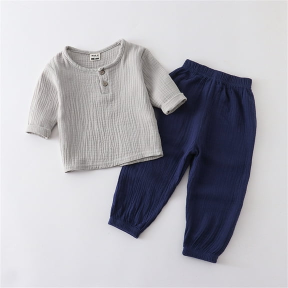 Nrmvnmi Baby Boy Girl Summer Cotton Linen Outfits Long Sleeve Button Down Neck T-Shirt Tops   Elastic Waist Pants 2 Pcs Set Size 9 Months- 5 Years