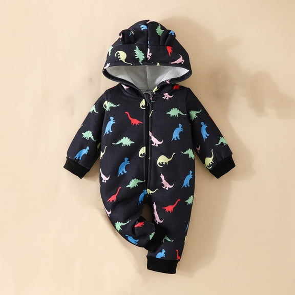 Nrmvnmi Baby Boys Girls Hooded Jumpsuit Cute Dinosaur Print Zipper Long Pants Long Sleeved Jumpsuit Warm And Thick Crawling Clothes Zipper Thick Style Ha Yi Rompers