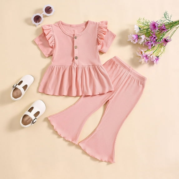 Nrmvnmi Baby Girl Clothes Summer Solid Color Knit Ruffle Short Sleeve Dress & Flare Pants Cotton Set Toddler Bell-bottoms Outfit For 12M-5Y
