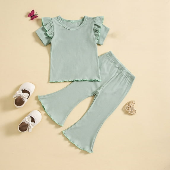 Nrmvnmi Baby Girl Clothes Summer Solid Color Knit Ruffle Short Sleeve T-Shirt & Flare Pants Cotton Set Toddler Bell-bottoms Outfit For 12M-5Y