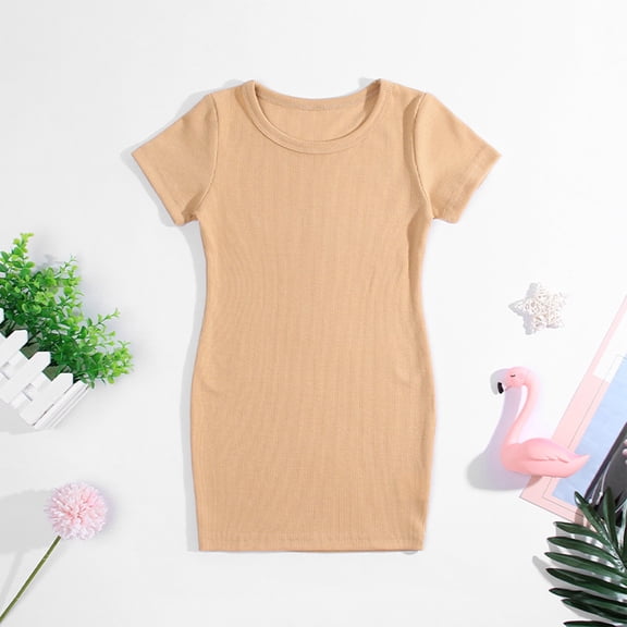 Nrmvnmi Baby Girl Summer Cute Notched Neck Solid Dress Casual Short Sleeve Bodycon Dress Khaki-5-6Years