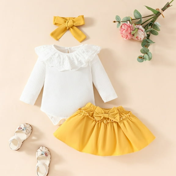 Nrmvnmi Baby Girl Summer Outfits Newborn Infant Solid Color Long Sleeve Romper   Bow Decor Skirt   Bow Headband 3 Pcs Set Summer Clothes
