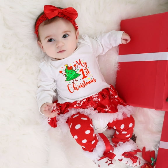 Nrmvnmi Baby Girls 1st Christmas Skirt 4 Pcs Outfit Long Sleeve Round Neck Romper & Leg Warmer & Shoes & Headband Christmas Set Size 0-24 Months