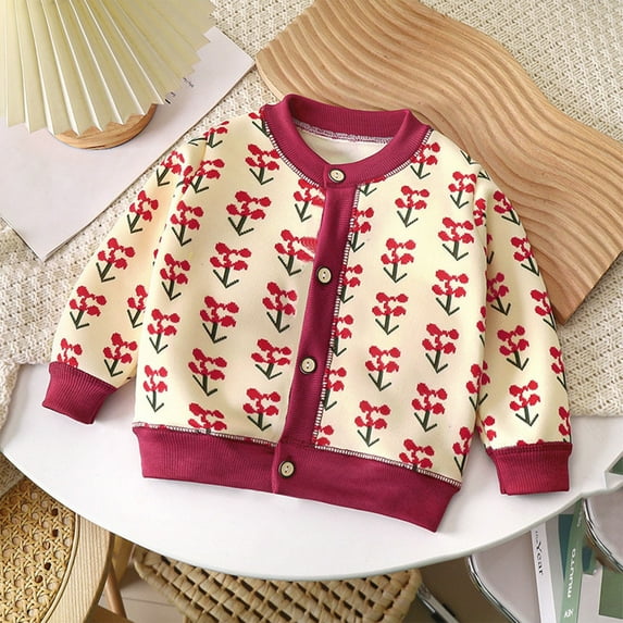 Nrmvnmi Baby Girls Boys Cute Cardigan Thick Sweater Cherry Print Cartoon Button Down Crew Neck Long Sleeve Jacket Versatile Knitted Warm Sweater Spring Fall Coats Outerwear 1-8 Years