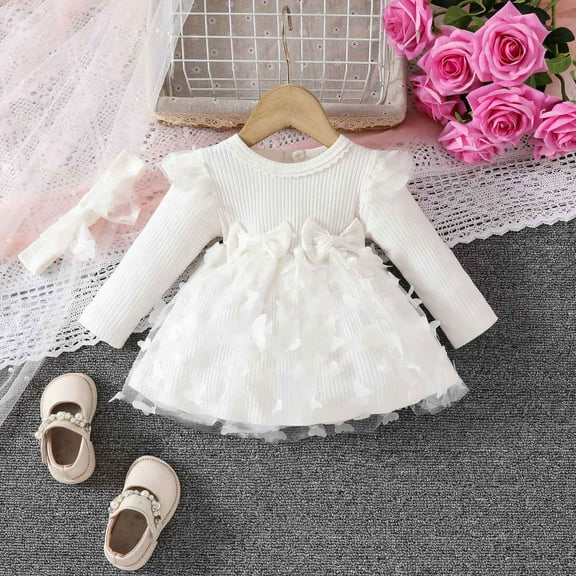 Nrmvnmi Baby Girls Dress With Headband Ruffle Long Sleeve Tutu Dress Butterfly Tulle Dress Flower Girl Party Birthday Princess Dress Elegant Ball Gown Pageant Dress Baby Suit