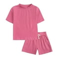 thumbnail image 1 of Nrmvnmi Baby Kids Summer Casual Outfits Solid Color Short Sleeve Round Neck Tops + Drawstring Shorts Two Piece Cotton Set Loungewear Home Clothing, 1 of 8