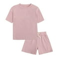 thumbnail image 1 of Nrmvnmi Baby Kids Summer Casual Outfits Solid Color Short Sleeve Round Neck Tops + Drawstring Shorts Two Piece Cotton Set Loungewear Home Clothing, 1 of 8