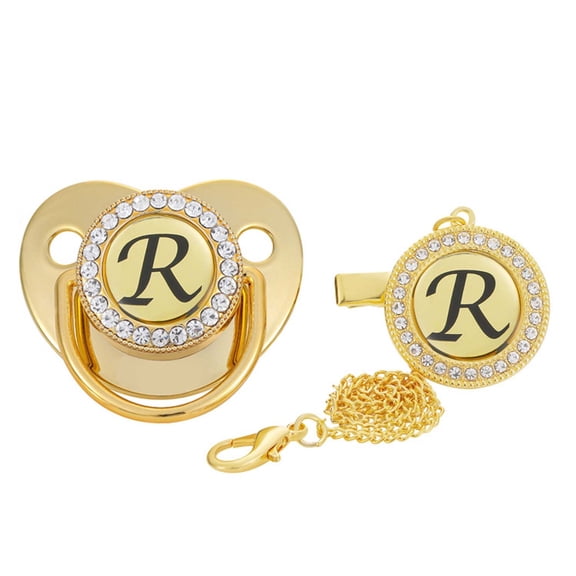 Nrmvnmi Baby Pacifier and Clips with Rhinestones Gold Bling 26 Letters Initials Personalized Baby Infant Newborn Pacifier
