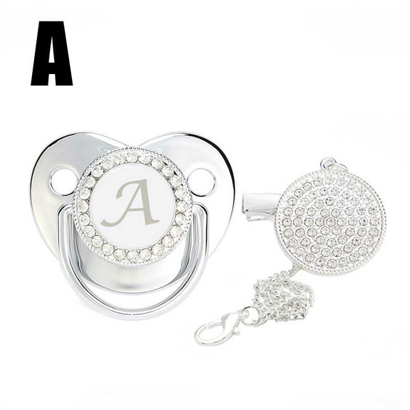 Nrmvnmi Baby Pacifier and Clips with Rhinestones Silver Bling 26 Letters Initials Personalized Baby Infant Newborn Pacifier