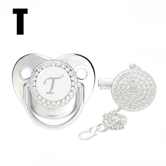 Nrmvnmi Baby Pacifier and Clips with Rhinestones Silver Bling 26 Letters Initials Personalized Baby Infant Newborn Pacifier