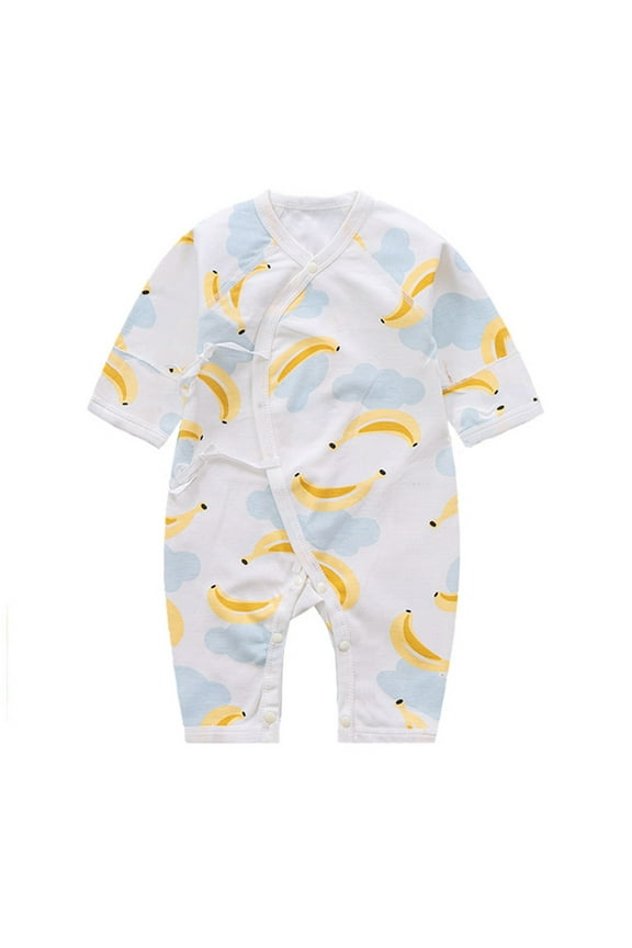 Baby Side Snap Romper Long Sleeve Banana Print Romper Newborn Cotton Onesie Jumpsuit For 0-9 Months