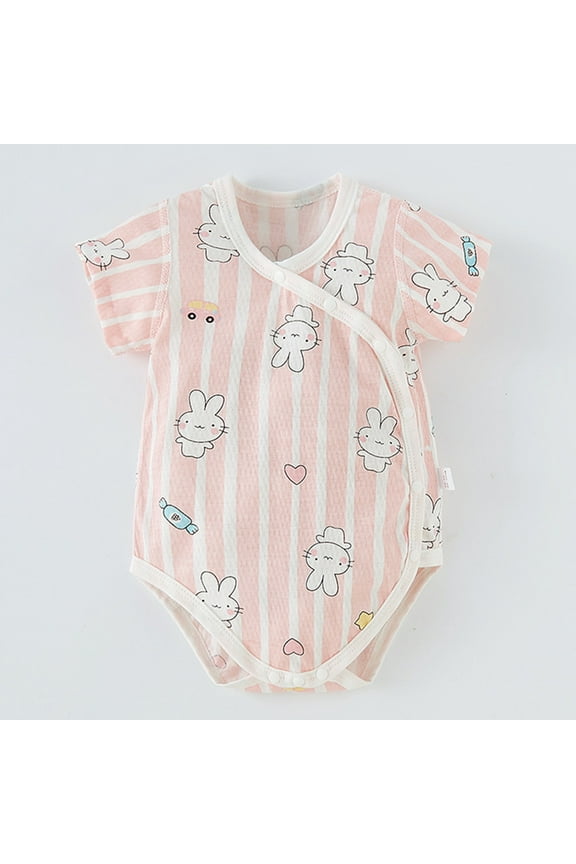 Baby Side Snap Romper Short Sleeve Cute Rabbit Print Romper Newborn Cotton Onesie Jumpsuit For 0-24 Months