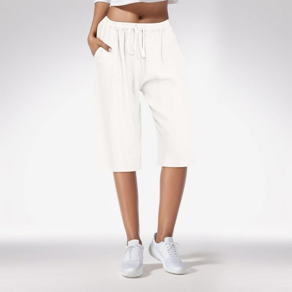 Nrmvnmi Bermuda Pajamas Shorts for Women Knee Length Casual Loose Walking Shorts Lightweight Beach High Waisted Linen Shorts