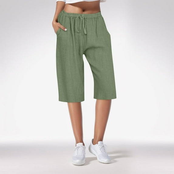 Nrmvnmi Bermuda Pajamas Shorts for Women Knee Length Casual Loose Walking Shorts Lightweight Beach High Waisted Linen Shorts