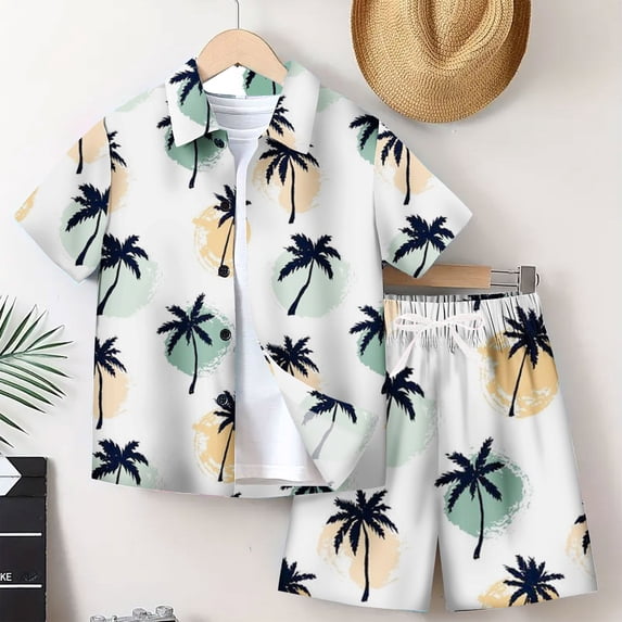 Nrmvnmi Boy And Girls' Casual Hawaiian Outfits Tropical Print Button Down Shirt + Drawstring Swim Trunks 2 Piece Sets Fashion Summer Clothes