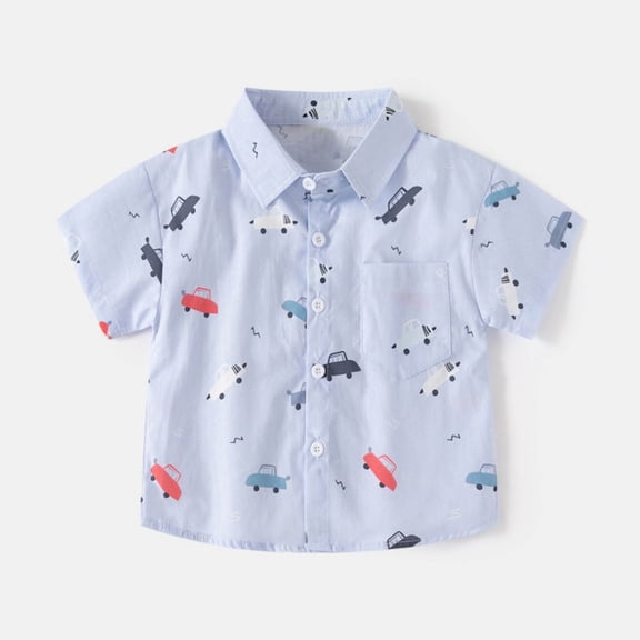 Nrmvnmi Boy's Summer T-shirt Car Print Short Sleeve Turndown Collar Button Shirt Cotton Tops For 3-8 Years