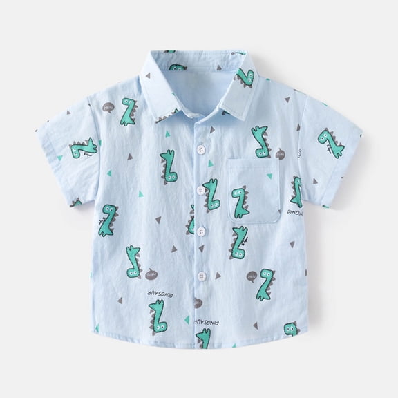 Nrmvnmi Boy's Summer T-shirt Cute Dinosaur Print Short Sleeve Turndown Collar Button Shirt Cotton Tops For 3-8 Years