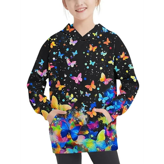 Nrmvnmi Boys Girls Casual Hoodies With Pocket Cute Beautiful Butterfly Graphic Print Crew Neck Long Sleeve Fall Pullover Sweatshirt With Hood Loose Comfortable Clothings For Wearing Outside