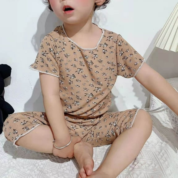 Nrmvnmi Boys Girls Casual Summer Set Flower Print Short Sleeve Round Neck T-shirt Tops   Elastic Waist Pants 2 Pcs Set For 3-8 Years