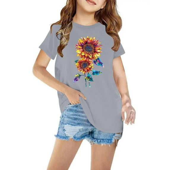 Nrmvnmi Boys Girls Casual T-shirt Short Sleeve Round Neck Sunflower Print T-Shirt Cotton Summer Clothes Tops For 3-10 Years