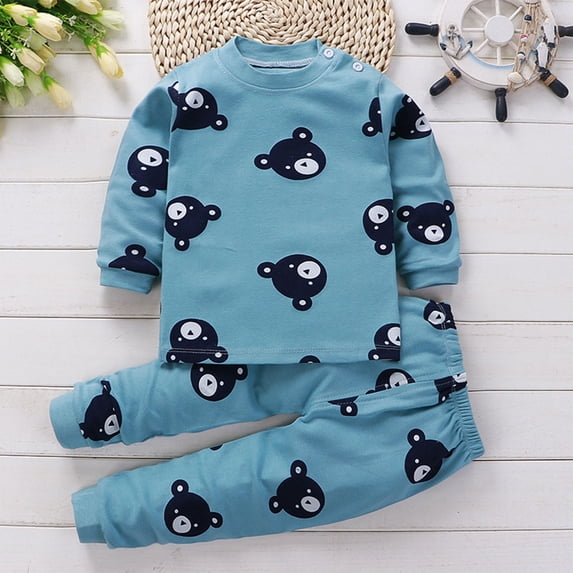 Nrmvnmi Boys Girls Comfy Sleepwear Set Cute Bear Print Crew Neck Button Long Sleeve Tops And Elastic Waisted Pants Cotton Pajama Set Sweet Dream Leisure Nighty Baby Outfit Set